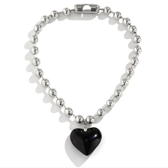 💲6️⃣ Bundled ✔️Gothic Style Large Silver Beaded Black Heart Pendant Necklace - Picture 7 of 8